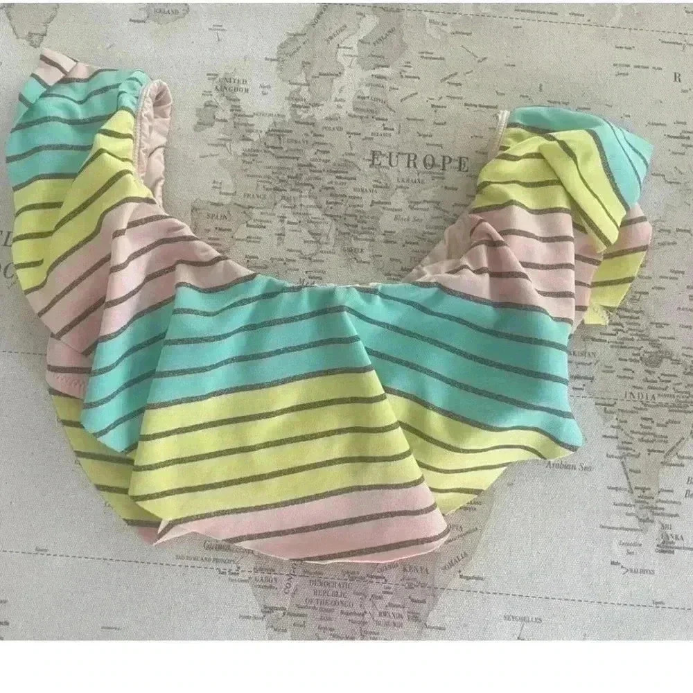 Trina Turk Bandeau Rainbow Stripe Ruffled Swim Tank Size 4